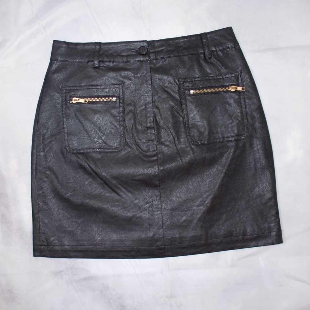 Leather Mini Skirt w/ Gold Zipper Pockets